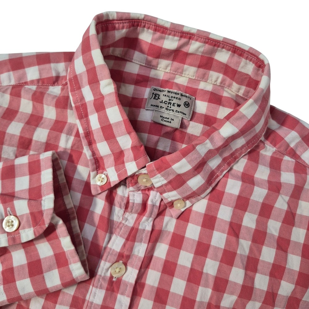 J.Crew Button Down Shirt Mens Medium Red White Gingham Cotton Preppy Casual